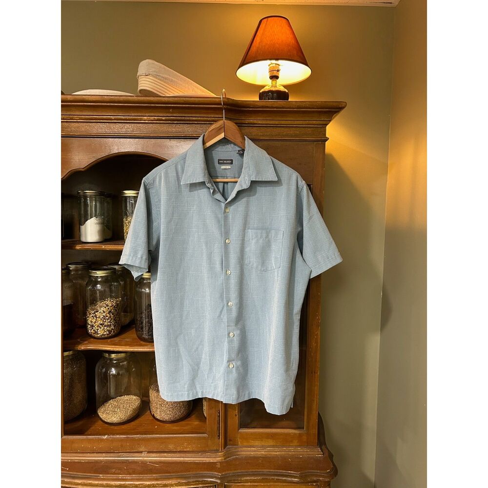 Mens VanHeusen Short Sleeve Beach Shirt Pastel Blue Summer Button Down Button Up